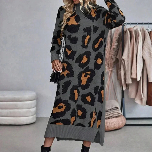 Multicolor Casual Women's Leopard Print Turtleneck Sweater Dress - Picture 4 of 6